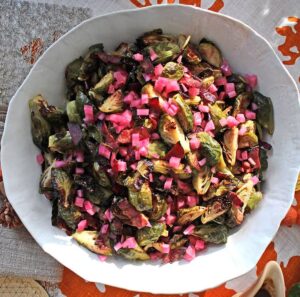 Roasted Brussel Sprouts with Pastrami and Pickled Red Onion